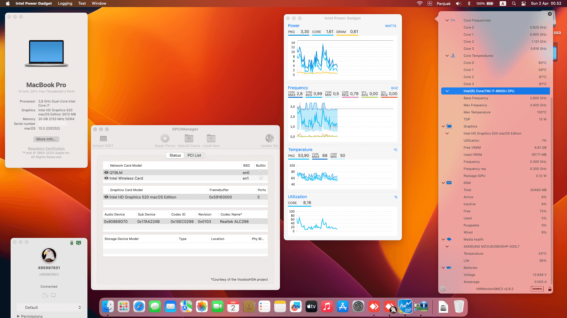 Success Hackintosh macOS Ventura 13.3 Build 22E252 in Lenovo Thinkpad T470S